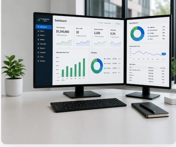 Dual monitors displaying a Concierge Revenue Partners revenue cycle dashboard